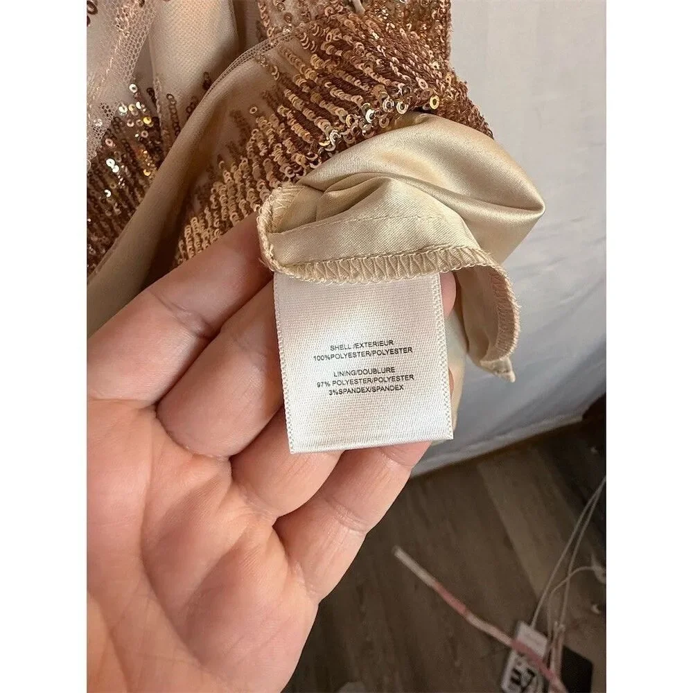 Belle Badgley Mischka Dress Womens 6 Beige Sequin Stripe Sheer Cape Cocktail - Picture 15 of 16